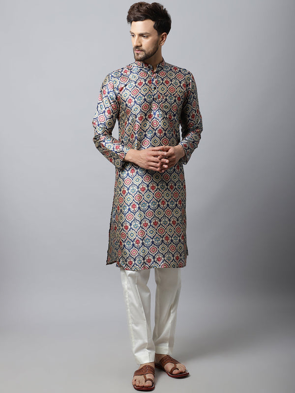 anokherang LKurtas Navy Blue Silk Men Kurta