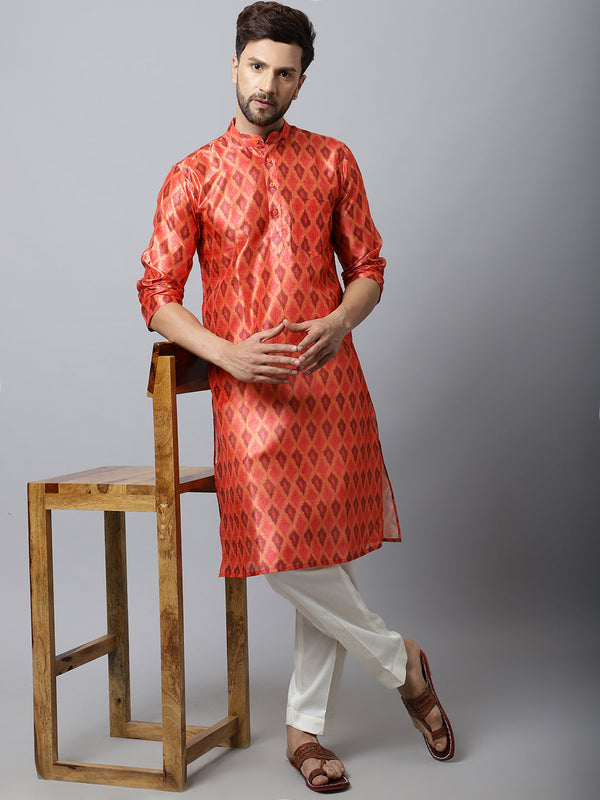 anokherang LKurtas Orange Ikkat Silk Men Kurta