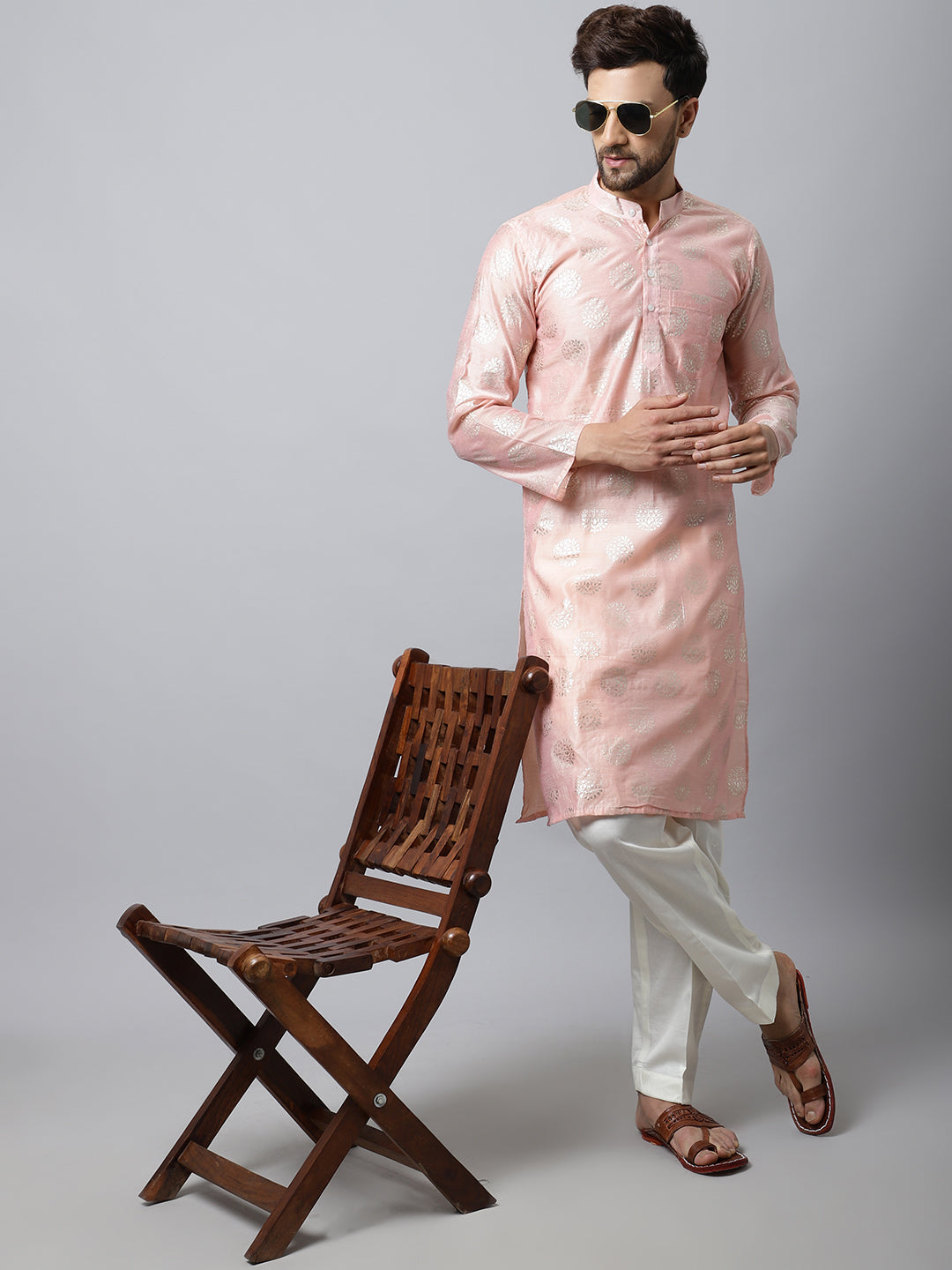 Pink Foil Chanderi Men Kurta Pajama Couple Matching Dress anokherang