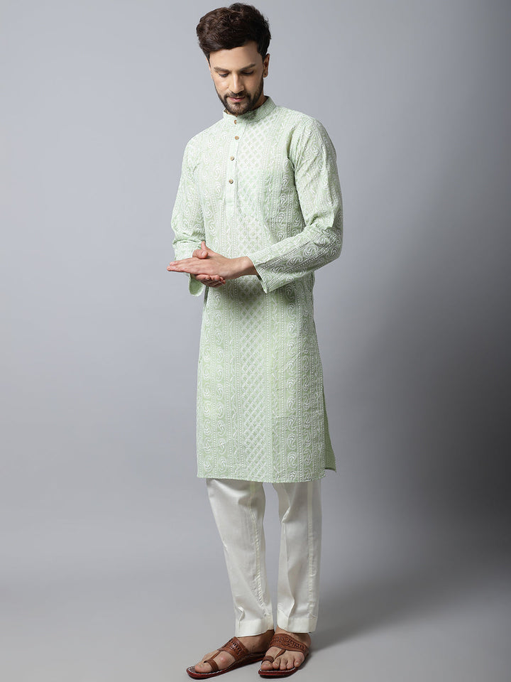 anokherang LKurtas Pista Green Chikankari Mens Kurta Pajama