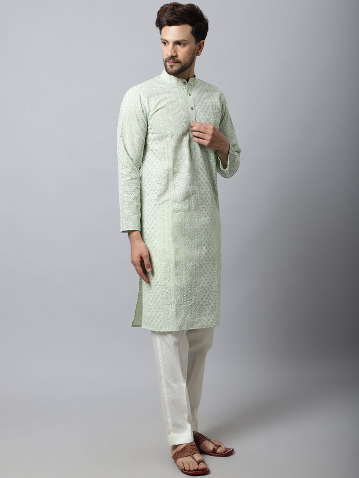 anokherang LKurtas Pista Green Chikankari Mens Kurta Pajama