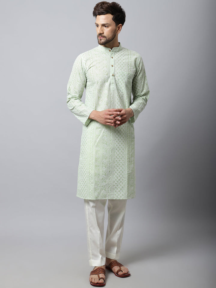 anokherang LKurtas Pista Green Chikankari Mens Kurta Pajama