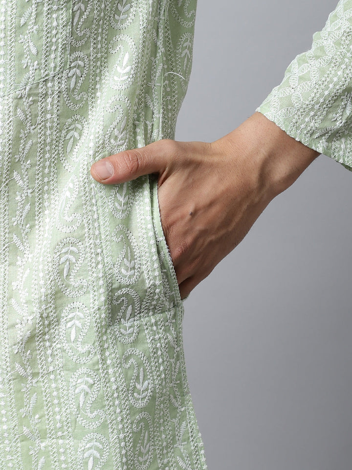 anokherang LKurtas Pista Green Chikankari Mens Kurta Pajama