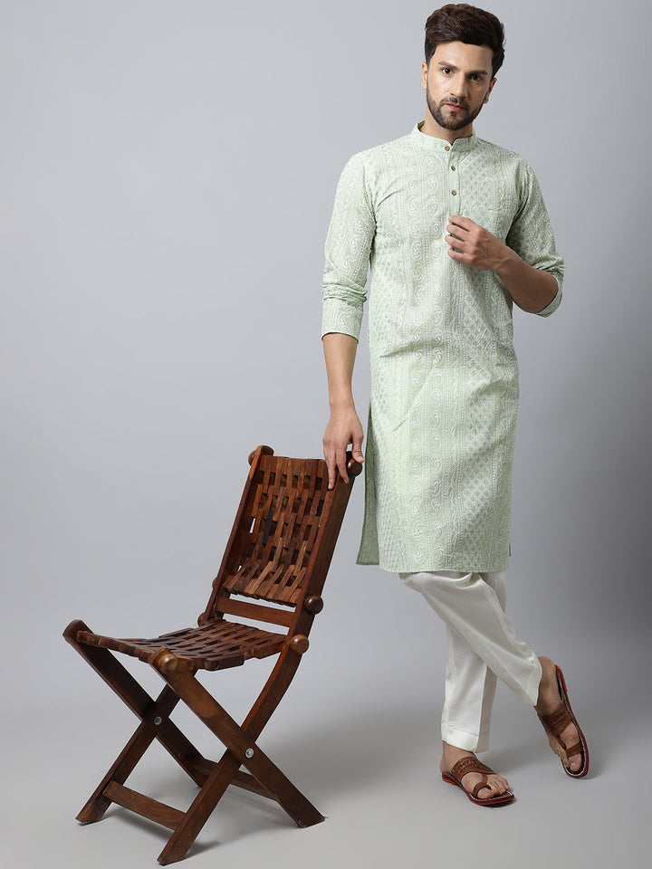 anokherang LKurtas Pista Green Chikankari Mens Kurta Pajama