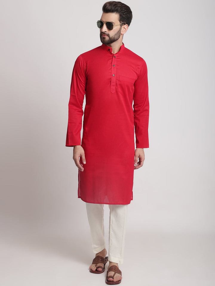 anokherang LKurtas Red Self Ribbed Cotton Men Kurta