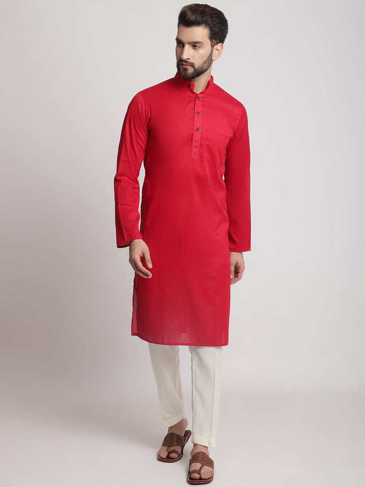 anokherang LKurtas Red Self Ribbed Cotton Men Kurta Pajama