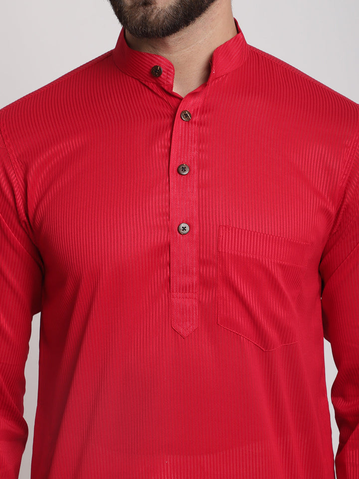 anokherang LKurtas Red Self Ribbed Cotton Men Kurta Pajama