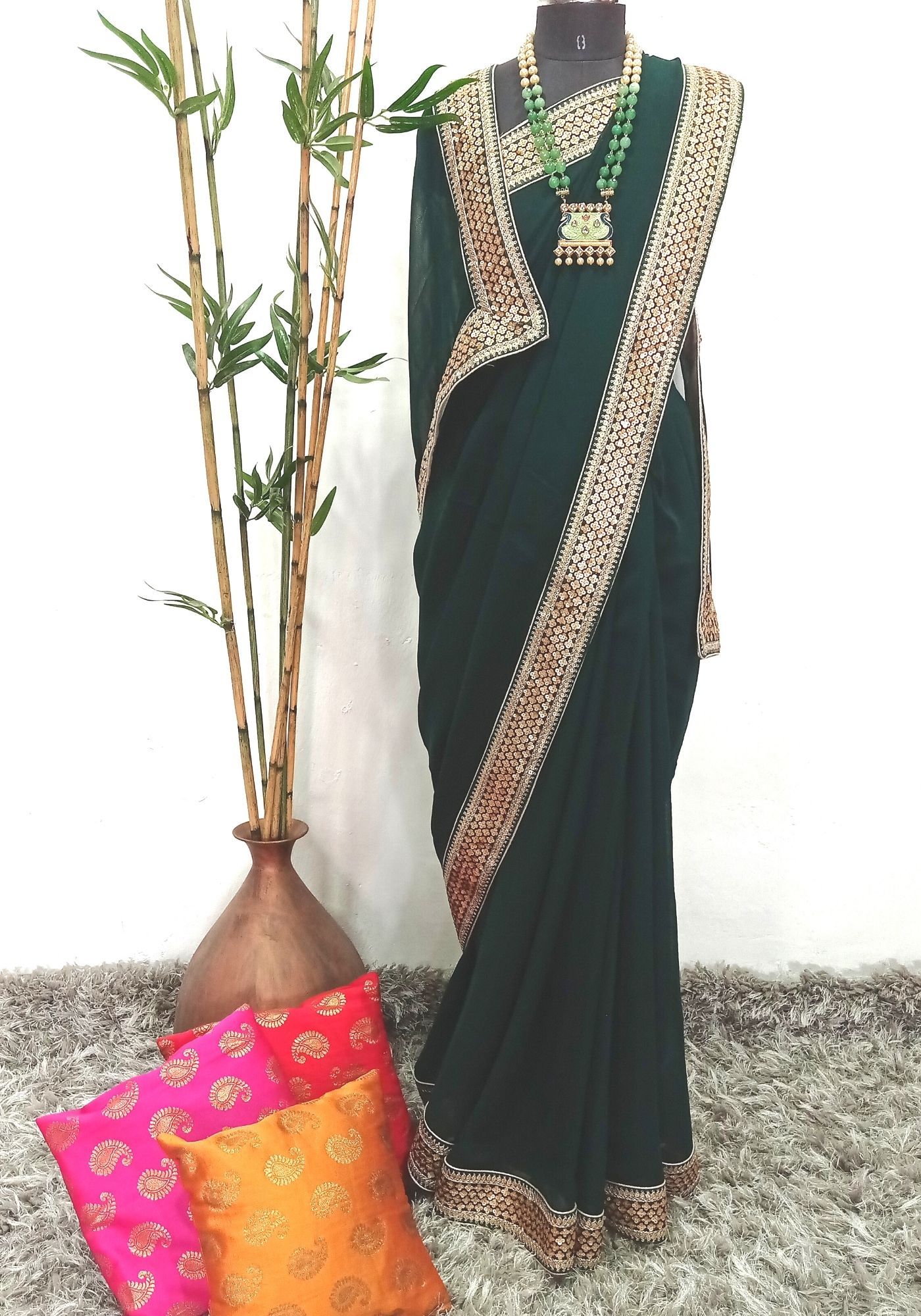 Emerald Green Hand Embroidered Pre-Draped Saree Set Design by Adaara  Couture at Pernia's Pop Up Shop 2024